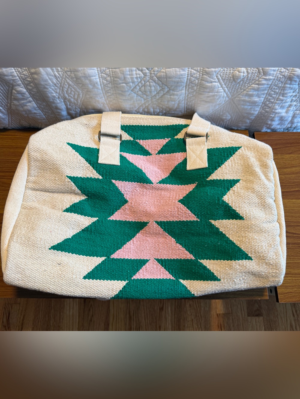 Panache Cream Travel Bag with Green and Pink Geometric Design; brand NWOT